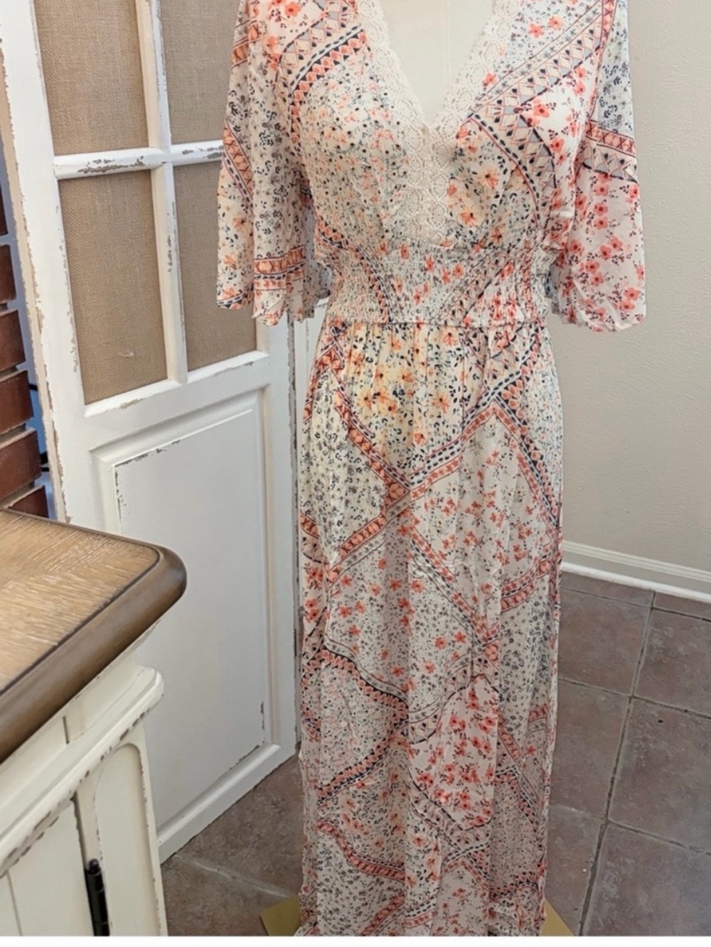 Timing Boho Lace Trim Smocked Waist Maxi Dress Floral Geometric L NWT